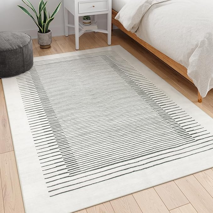 Morebes Modern 5x7 Washable Rug for Living Room, Geometric Stain-Resistant Soft Bedroom Rug, Non Slip Low Pile Indoor Carpet for Dining Room Home Office (5'x7',White)