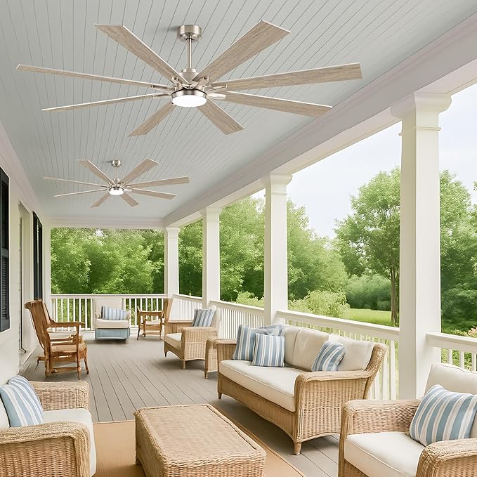 72" Outdoor Ceiling Fans for Patios with Light, Large Modern Industrial Ceiling Fan with Quiet Reversible DC Motor, High CFM Indoor Exterior Ceiling Fan for Garage Office Outside Shop, Nickel & Oak