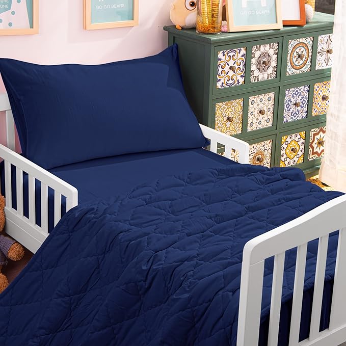 NTBAY Toddler Bedding Set - 4 Piece Soft and Breathable Crib Bedding Set for Boys and Girls, Includes Quilted Comforter, Fitted Sheet, Flat Top Sheet and Envelope Pillowcase, Navy Blue