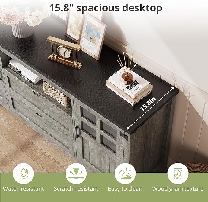 65 Inch TV Stand, Entertainment Center with Storage Cabinets, Mid Century Modern TV Console, Fits TVs up to 75" for Living Room & Bedroom (Classical Grey)