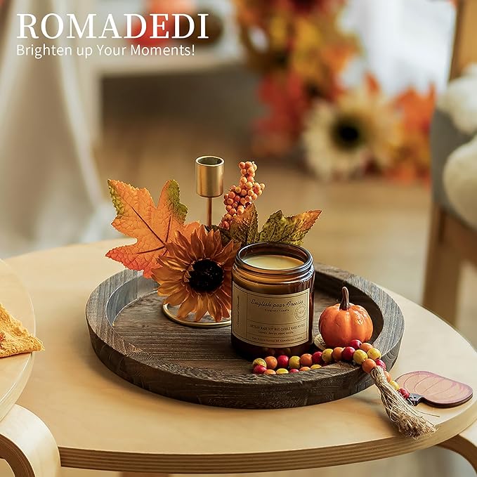 Romadedi Rustic Wooden Tray Candle Holder - Small Wood Decorative Plate Pillar Candle Tray for Farmhouse Kitchen Countertop Bathroom Coffee Table Organizer Home Decor Wedding Centerpiece, 11inch