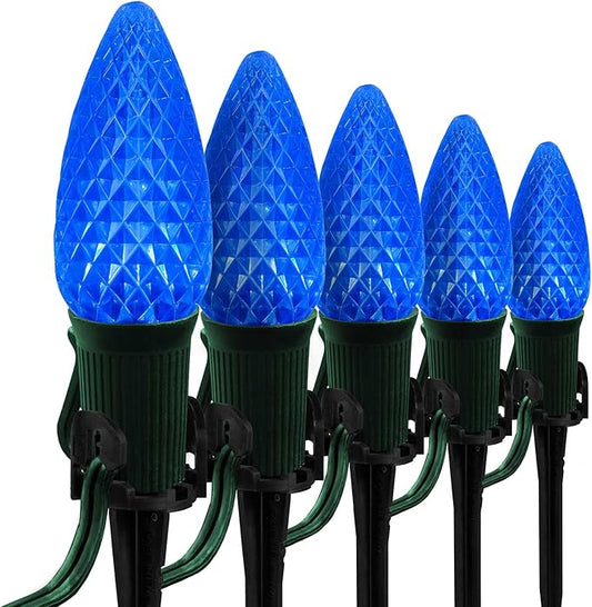 Wintergreen Lighting OptiCore LED C9 Blue Christmas Pathway Lights, Heavy Duty Bulbs for Driveway, Walkway Marker, 5" Commercial PathPRO Stakes, 18 Gauge Green Wire, 100 Lights, 100 ft