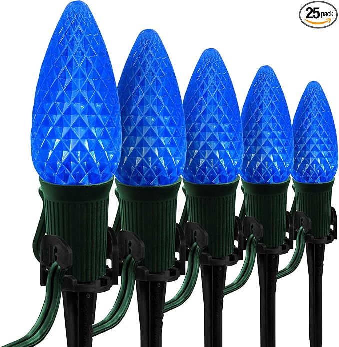 Wintergreen Lighting 25’ OptiCore LED Blue Pathway Christmas Lights, C9 Landscape Lights, 4.5” Stakes, Green Wire Plug String Lights