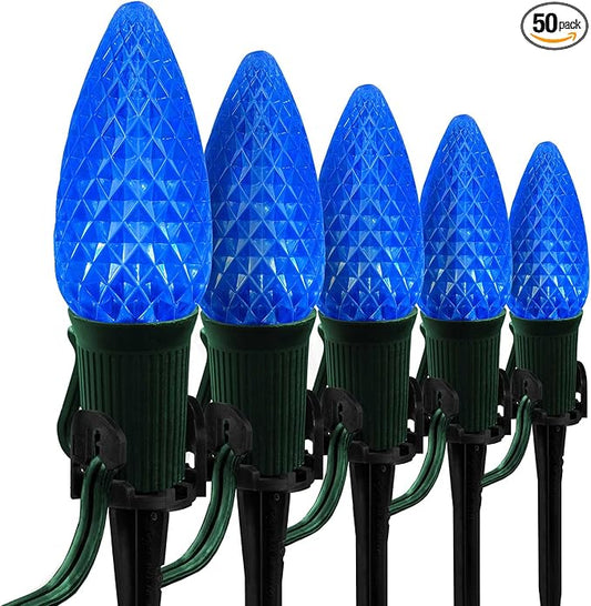 Wintergreen Lighting 50' OptiCore LED C9 Blue Pathway Christmas Lights, Heavy Duty Bulbs for Driveway, Walkway Marker, 5" Commercial PathPRO Stakes, 18 Gauge Green Wire
