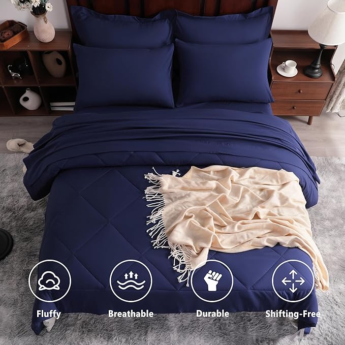 NTBAY Queen Comforter Set with Sheets, 7 Pieces Soft and Breathable Queen Bedding Set, Bed in a Bag, Down Alternative Comforter Set Solid Color All Season, Queen Bedding Set, Navy Blue