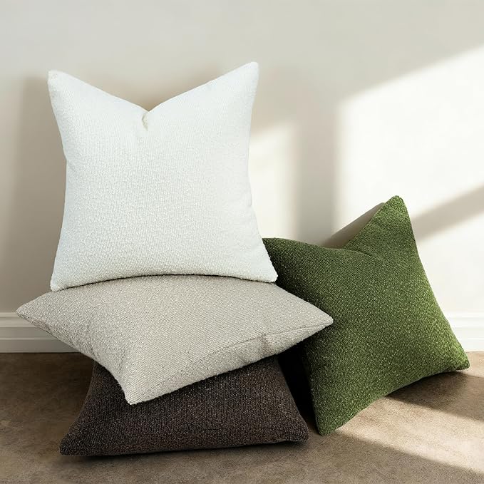 Textured Boucle Pillow Covers 18x18 Inch Set of 2, Striped Solid Pillowcases Cozy Soft Modern Accent Boho Square Decorative Throw Pillows for Couch Sofa Bed Living Room Home Decor, White