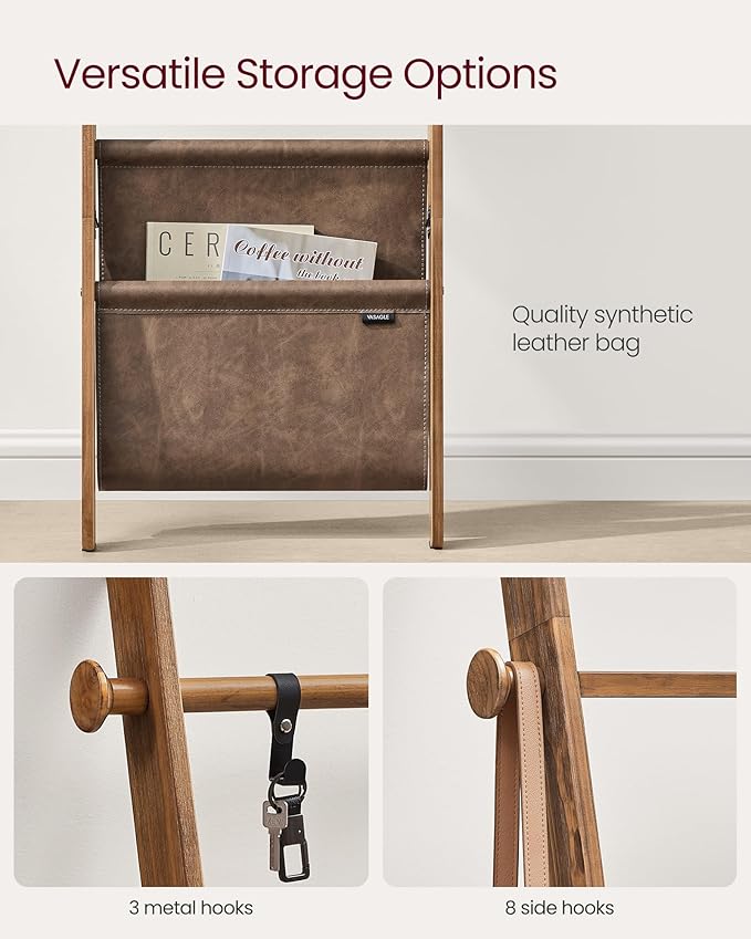 VASAGLE Blanket Ladder for Living Room, 5-Tier Wooden Ladder Shelf, Decorative Farmhouse Blanket Rack with Synthetic Leather Bag, Metal Hooks, Side Hooks, for Bedroom, Caramel Brown ULLS022K01