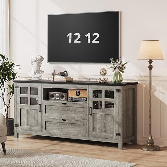 65 Inch TV Stand, Entertainment Center with Storage Cabinets, Mid Century Modern TV Console, Fits TVs up to 75" for Living Room & Bedroom (Classical Grey)