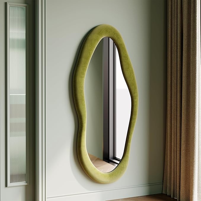 Honyee 55" x 24" Wavy Mirror, Flannel Wrapped Wooden Frame, Irregular Hanging for Cloakroom/Bedroom/Living Room, Green
