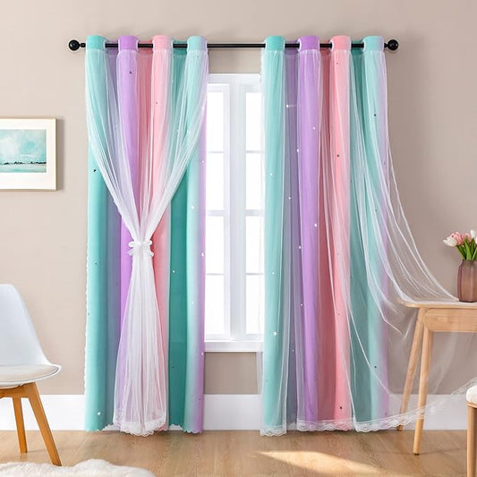 XiDi Curtains for Bedroom Kids Rainbow Pink Purple Green Curtains for Girls Room Darkening 42/79