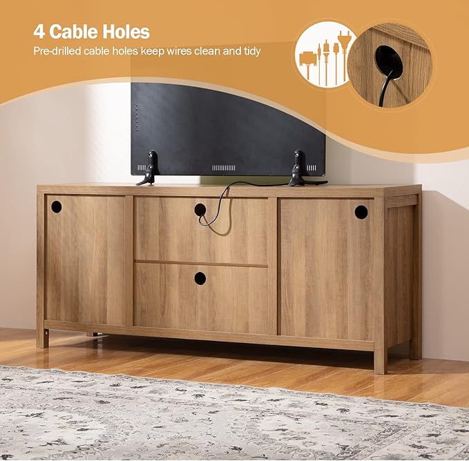 SICOTAS TV Stand for Living Room : Rattan TV Console Cabinet with Storage and Shelf, Boho Entertainment Center, 59" Media Console for 55, 65 Inch TV, 26" Tall Television Stands, Oak