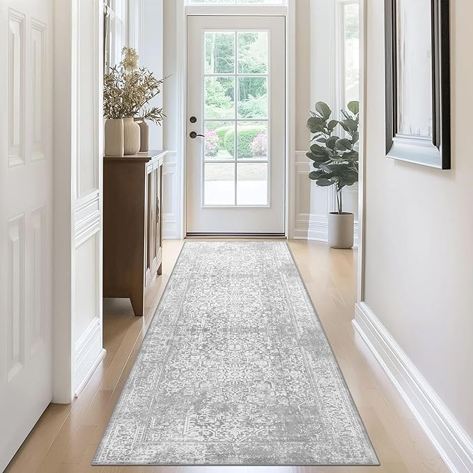 vivorug Runner Rug 2'x7' Vintage Washable Non-Slip Runners for Hallways Kitchen Entryway Laundry Room Carpet Hallway Runner Ivory/Silver