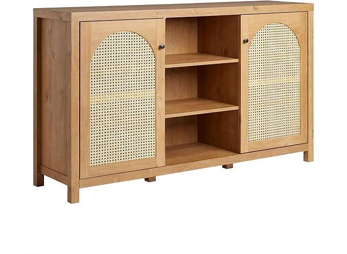 Walker Edison Sasha 2-Door Sideboard Buffet with Arched Rattan Panels, 58 Inch, English Oak