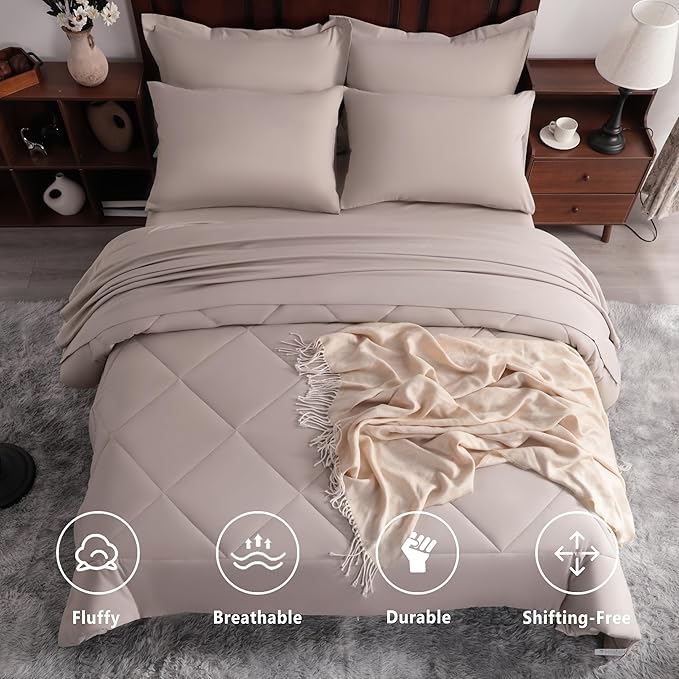 NTBAY King Comforter Set with Sheets, 7 Pieces Soft and Breathable King Bedding Set, Bed in a Bag, Down Alternative Comforter Set Solid Color All Season, King Bedding Set, Taupe
