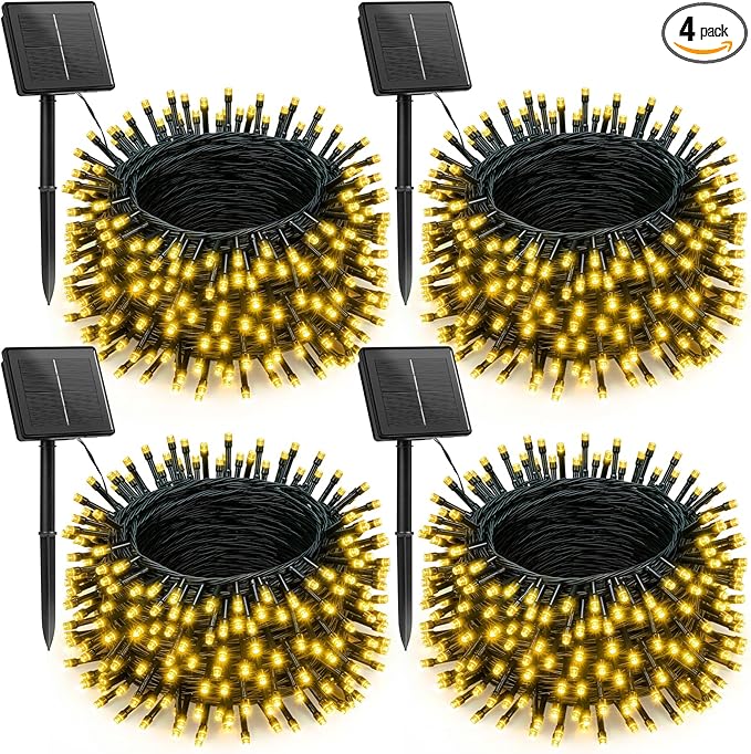 Brightown 4 Pack Solar Christmas Lights, Total 184FT 480 LED Solar String Lights Outdoor Waterproof Green Wire with 8 Modes, Solar Fairy Light for Garden Yard Patio Party Decors, Warm White