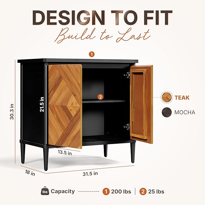 Lenia Solid Wood Storage Cabinet with Diamond Pattern Doors, Rustic Farmhouse Accent Cabinet for Living Room, or Entryway, Easy Assembly, Teak Brown