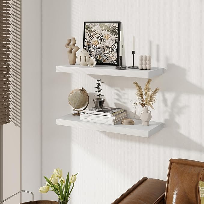 White Floating Shelves for Wall, 27.5 Inch Bathroom Shelves Set of 2, Rustic Wood Wall Shelf with Invisible Brackets for Books|Storage|Decor, 8 Inch Deep Floating Shelf for Bedroom|Kitchen