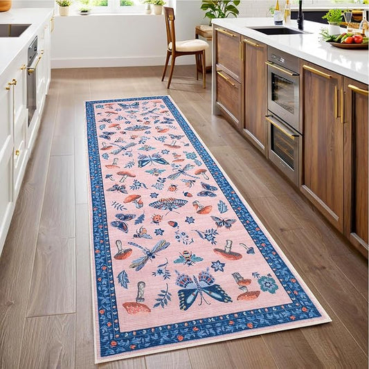 Mushroom Insect 2x6 Runner Rug for Hallway Washable Kitchen Rugs Non Slip with Rubber Back Blue Pink Low-Pile Stain Resistant Indoor Carpet for Entryway Bathroom Laundry Dorm