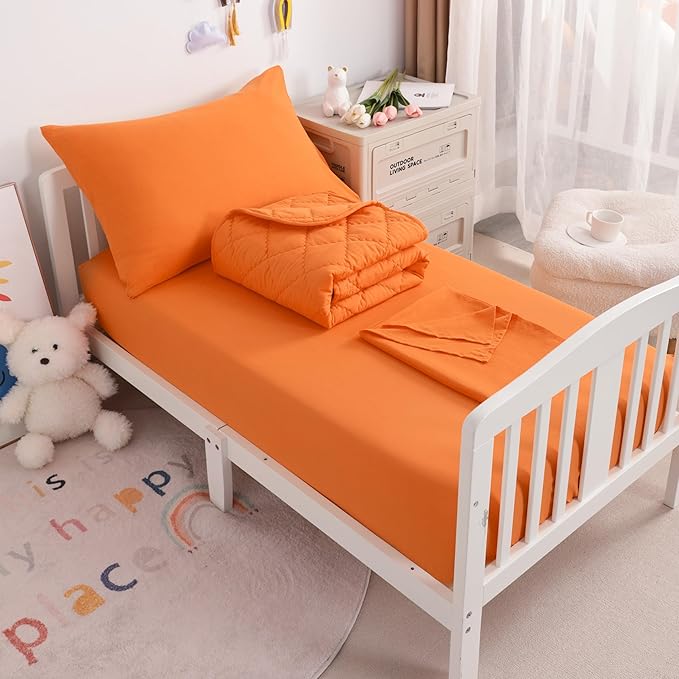 NTBAY Toddler Bedding Set - 4 Piece Soft and Breathable Crib Bedding Set for Boys and Girls, Includes Quilted Comforter, Fitted Sheet, Flat Top Sheet and Envelope Pillowcase, Orange