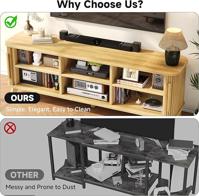 66" TV Stand for 80 Inch TV, Modern Entertainment Center with Storage Cabinet and Adjustable Shelves, Mid-Century Wood Curved TV Media Console with Sliding Doors for Living Room, Bedroom, Natural Oak
