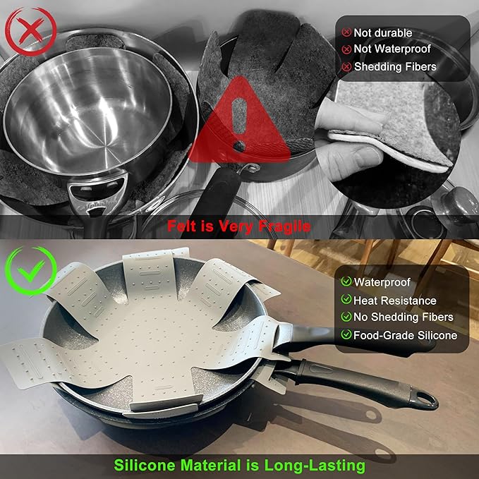 Pot & Pan Protectors, 3-Piece Silicone Cookware Protector Pad, Stacking Pan Protector. It Has a Unique Opening and Fixing Design That Can be Used to Protect and Separate Pots and Pans-Grey