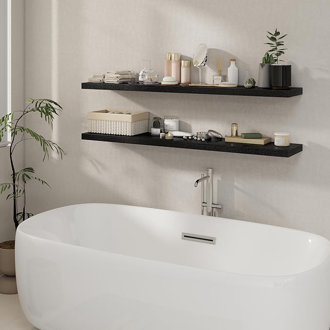 Fun Memories 55 Inch Floating Shelves for Wall 2 Pack Shelves for Bedroom|Kitchen|Bathroom Wall Mounted Rustic Wood Floating Shelf with Invisible Brackets for Books|Storage|Decor, Black