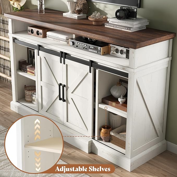 AMERLIFE 66" W Farmhouse TV Stand, Wood 40" H Tall Entertainment Center with Sliding Barn Door & Large Storage Shelves, Rustic Media Console for TVs up to 75", Distressed White