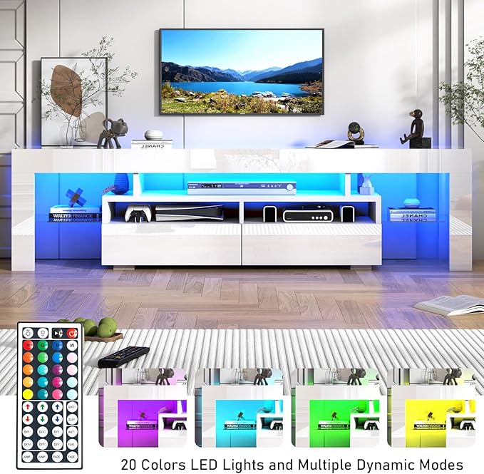 TV Stand with 16 Color LED Lights, Media Console with Drawer and Glass Open Shelf for 65/75/85 inch TV, Modern Gloss Entertainment Center for Living Room Bedroom, White
