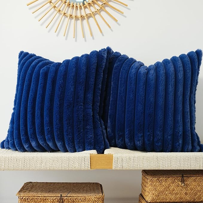 JOJUSIS Pack of 2 Faux Fur Plush Decorative Throw Pillow Covers Couch Cushion Case Soft Pillowcases (Navy Blue, 24 x 24-Inch)
