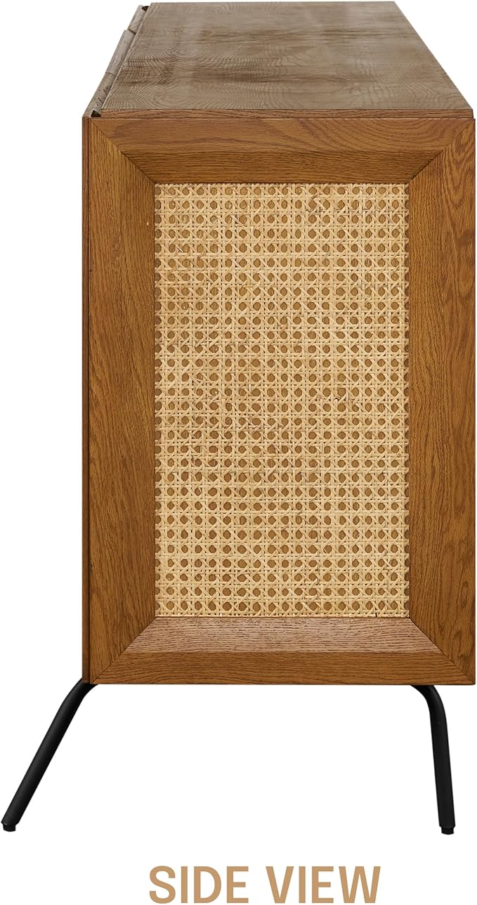 NTC MOSSIC Large Sideboard with 2 Doors and 3 Drawers, Buffet Cabinet with Natural Rattan and Metal Legs, Modern Storage Cabinet for Living Room, and Hallway, Effortless Assembly - Rustic Oak