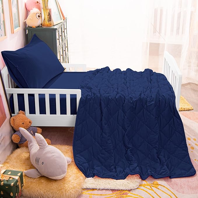 NTBAY Toddler Bedding Set - 4 Piece Soft and Breathable Crib Bedding Set for Boys and Girls, Includes Quilted Comforter, Fitted Sheet, Flat Top Sheet and Envelope Pillowcase, Navy Blue