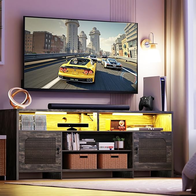 Fluted TV Stands for 70-80 Inch TV, Mid-Century Modern TV Stand Entertainment Center with LED Lights and Open Storage Shelves, 70" Curved TV Media Console for Living Room, Dark Rustic Oak