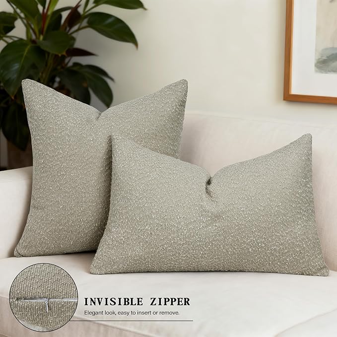 Textured Boucle Pillow Covers 12x20 Inch Set of 2, Striped Solid Pillowcases Cozy Soft Modern Accent Boho Lumbar Decorative Throw Pillows for Couch Sofa Bed Living Room Home Decor, Oatmeal