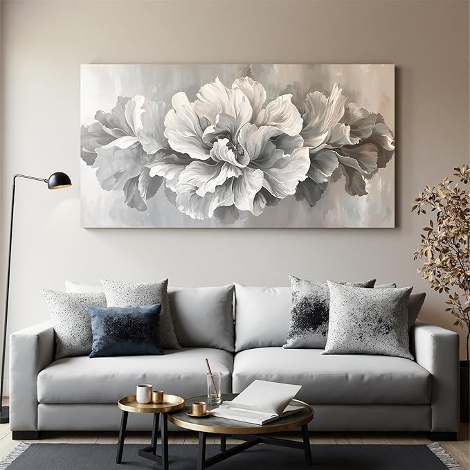 Canvas Wall Art Decor Oversized White Flower Wall Decor For Living Room Pictures Art Decoratives Prints Modern Aesthetics artwork Gray Floral Wall Art For Home Bedroom Office Room Wall Decor 29×58 In
