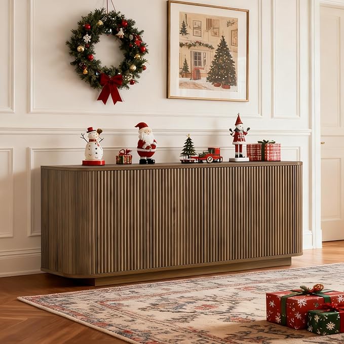 64" Buffet Sideboard Cabinet with Storage, Modern Fluted Accent Credenza with Adjustable Shelves, Wood Coffee Bar Console Table for Living Room Kitchen Dining Room Hallway, 24" H, Walnut