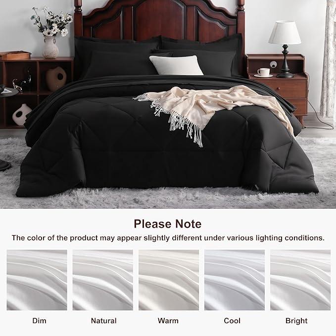 NTBAY King Comforter Set with Sheets, 7 Pieces Soft and Breathable King Bedding Set, Bed in a Bag, Down Alternative Comforter Set Solid Color All Season, King Bedding Set, Black