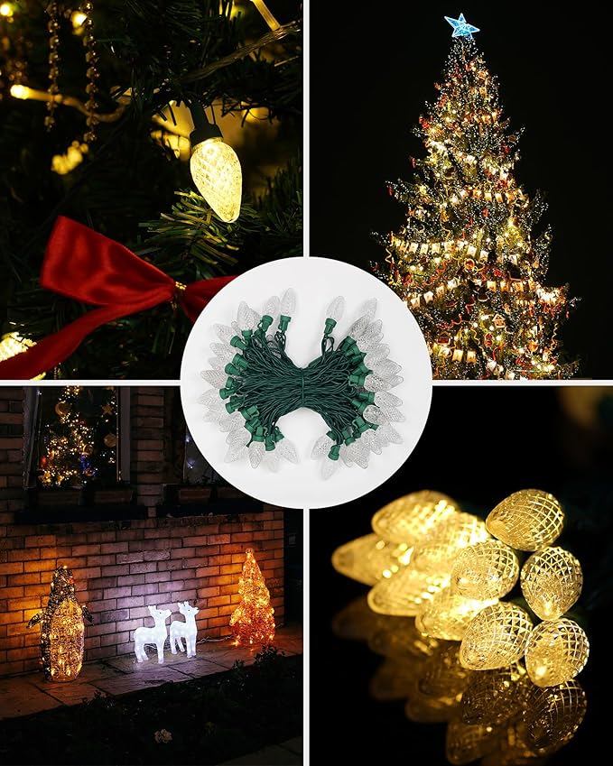 2-Set C7 Led Christmas String Lights, 25.16FT 50 LED Connectable Outdoor Indoor Decorative Light Strand, Warm White Holiday Lights for House, Christmas Tree, Patio, Party Decoration, UL Listed