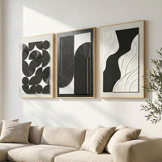 3D Textured Framed Organic Wall Art for Living Room, 3 Piece Modern Black and White Artwork, Mid Century Geometric Arch Line Relief Paintings for Office Dining Home Decor, 20x30 Inch