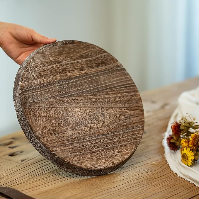 Romadedi Rustic Wooden Tray Candle Holder - Small Decorative Plate Pillar Candle Tray Wood for Farmhouse Dinning Table Kitchen Countertop Coffee Table Organizer Home Decor Wedding Centerpiece, S+L