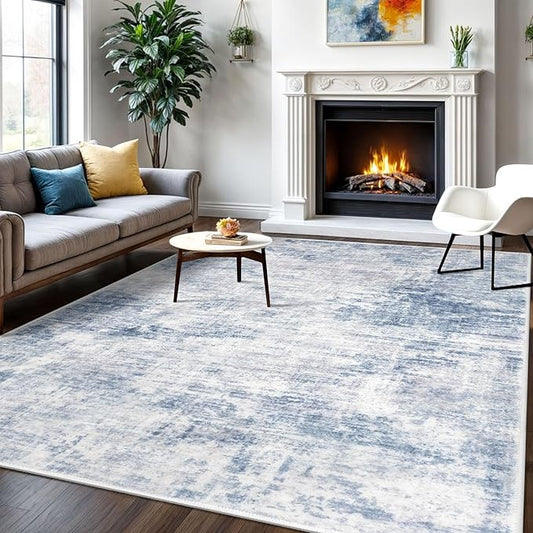 IOHOUZE Abstract Area Rugs 6x9 Ft Washable Rugs for Living Room, Non Slip Dining Room Rug, Printed Faux Wool Rugs for Bedroom, Floor Carpet for Office Nursery Playroom, Light Blue White