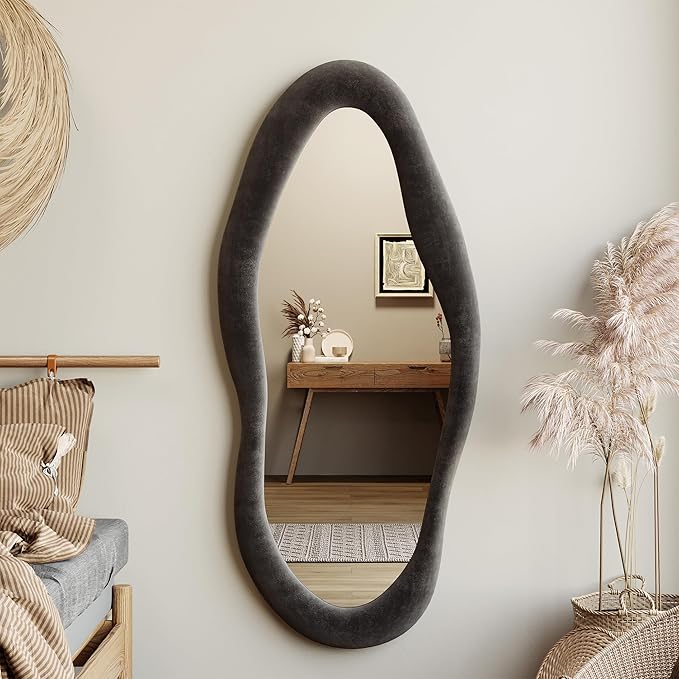 Honyee 55" x 24" Wavy Mirror, Flannel Wrapped Wooden Frame, Irregular Hanging for Cloakroom/Bedroom/Living Room, Black