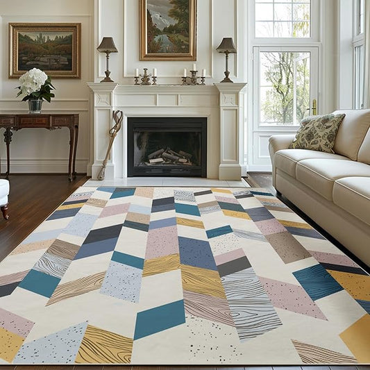 Area Rug 5x7 Entryway Geometric Collage Wooden Floor Texture Modern Rugs Boho Western Machine Washable Soft Farmhouse Rug Carpet for Living Room Bedroom Dining Room Office Kids Playroom Indoor