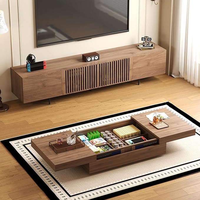 Mid-Century Modern TV Stand & Expandable Coffee Table Set, Walnut Finish, Stylish Storage Combo for Living Room or Bedroom (70.87" TV Stand+Coffee Table)