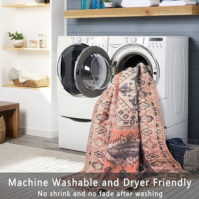 vivorug Runner Rug 2x10 Machine Washable Rug with Non-Slip Backing, Ideal for Kitchen Hallway Entryway Laundry Room - Vintage, Durable, Easy Clean, Low Pile Carpet Runner, Orange