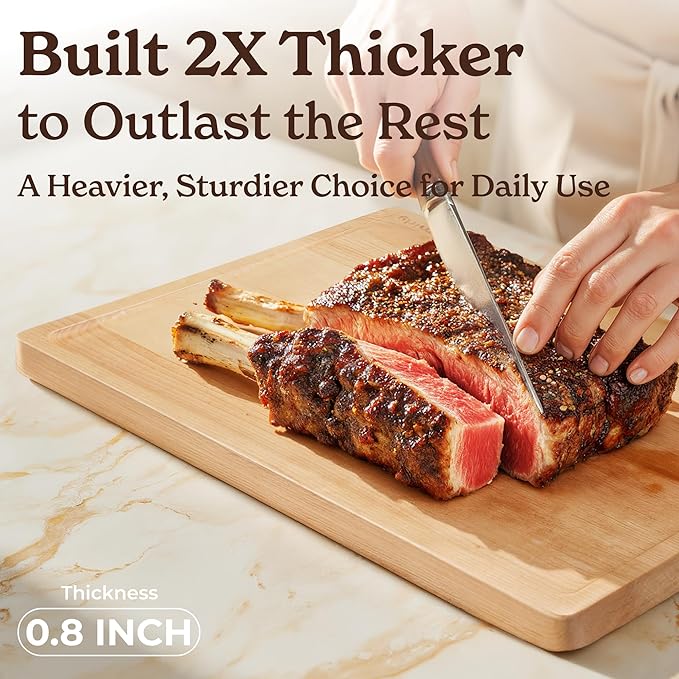 SMIRLY Wood Cutting Boards for Kitchen Wooden Chopping Board Set Reversible with Deep Juice Grooves Grip Handles, Large Charcuterie Tray for Home Kitchen, Natural Birch, 3Pcs with Holder