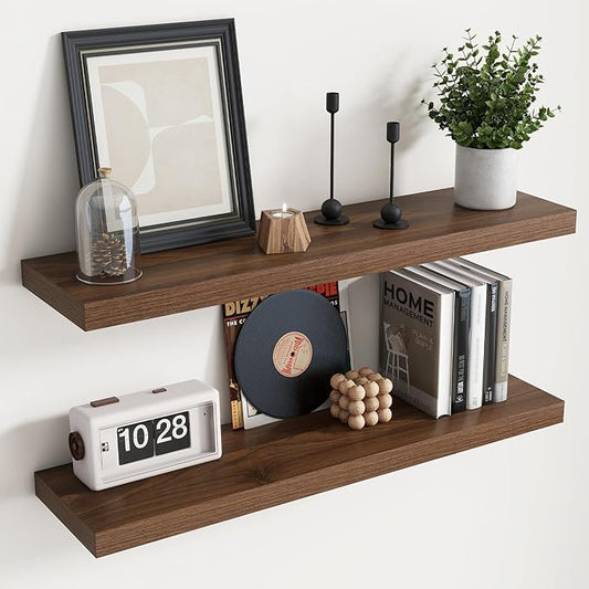Floating Shelves for Wall with Invisible Brackets, Wall Mounted Engineered Wood Shelves with Wood Grain for Living Room, Bedroom, Bathroom, Kitchen Decor and Storage, Oak, 36"L Set of 2, Walnut