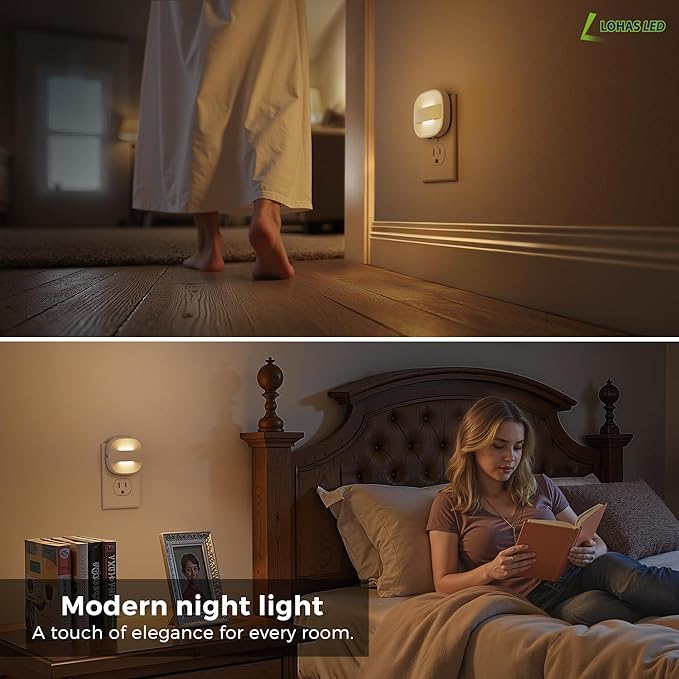 L LOHAS LED Night Lights Plug into Wall, Foldable Night Light with Dusk to Dawn Sensor, 2 Brightness Level, Ideal Nightlight for Bathroom, Hallway, Kitchen, 3000K Soft White, 4 Pack