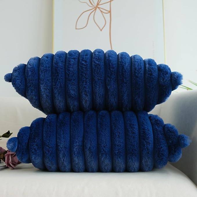 JOJUSIS Pack of 2 Faux Fur Plush Decorative Throw Pillow Covers Couch Cushion Case Soft Pillowcases (Navy Blue, 20 x 20-Inch)