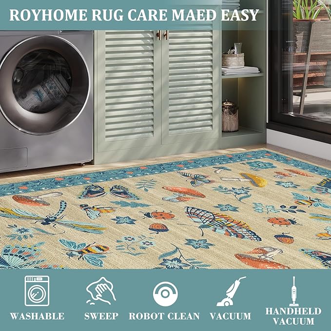 Mushroom Insect 2x6 Runner Rug for Hallway Washable Kitchen Rugs Non Slip with Rubber Back Khaki Blue Low-Pile Stain Resistant Indoor Carpet for Entryway Bathroom Laundry Dorm