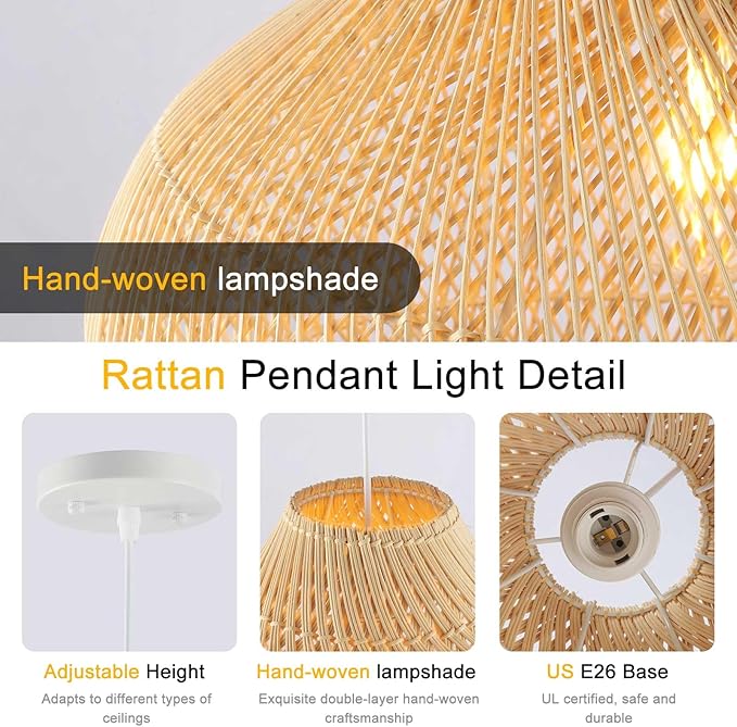 Large Rattan Pendant Light, 19.7" Rattan Boho Wicker Chandelier Hand-Woven Basket Pendant Light Fixtures for Dining Room Kitchen Island Living Room